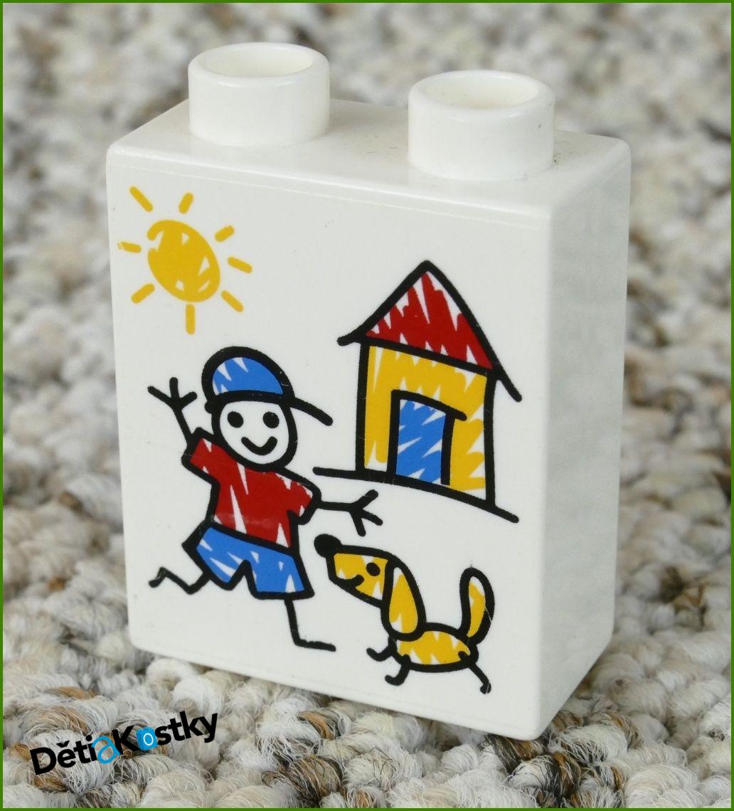 Lego® Duplo® Kostka 1x2x2 Bílá - Kresba Domeček, Chlapeček a Pejsek