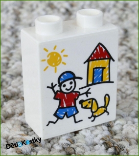 Lego® Duplo® Kostka 1x2x2 Bílá - Kresba Domeček, Chlapeček a Pejsek